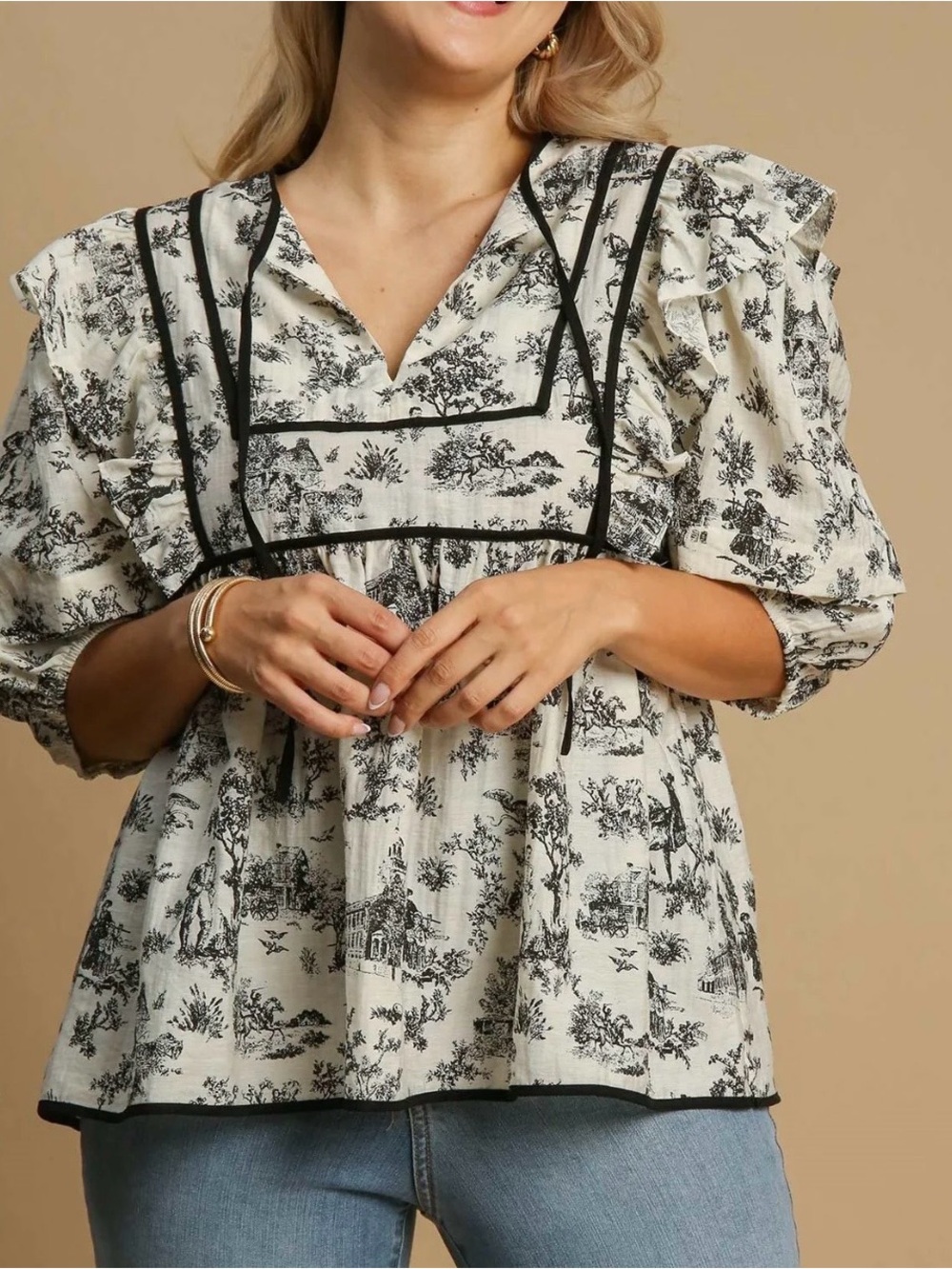 Beautiful Umgee Cream Blouse with Black Toile Print and Ruffle Detail
